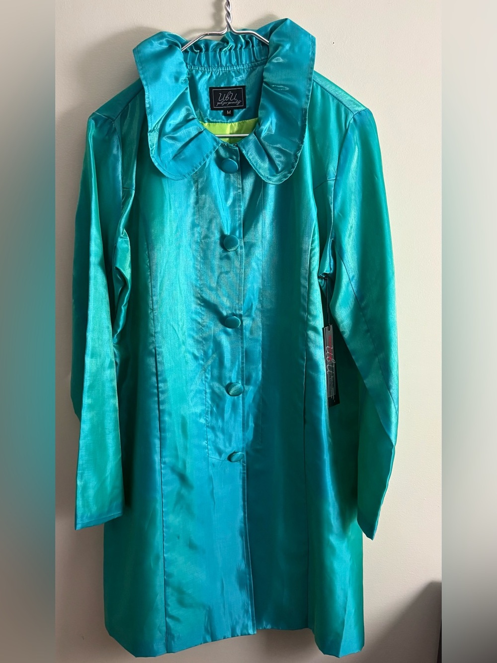 NWT UBU Clothing Womens Teal iridescent Mid- length travel coat / raincoat M